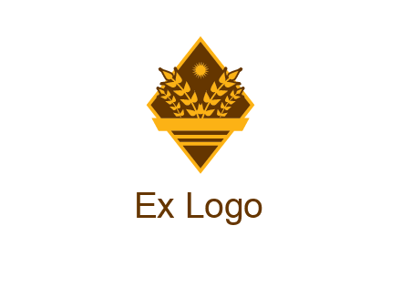 wheat stalks and sun in rhombus with ribbon agriculture logo