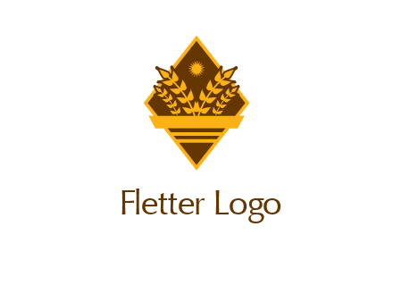 wheat stalks and sun in rhombus with ribbon agriculture logo