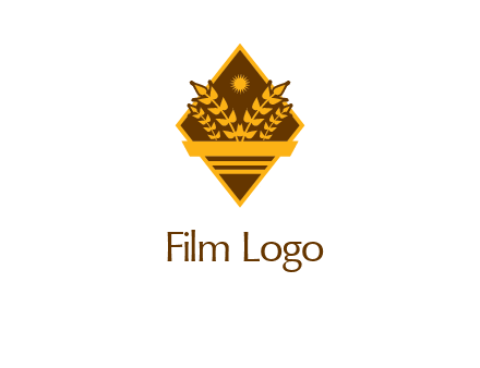 wheat stalks and sun in rhombus with ribbon agriculture logo