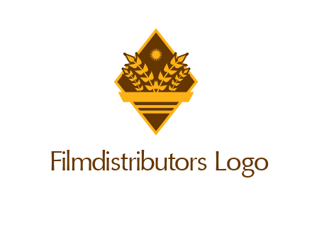 wheat stalks and sun in rhombus with ribbon agriculture logo