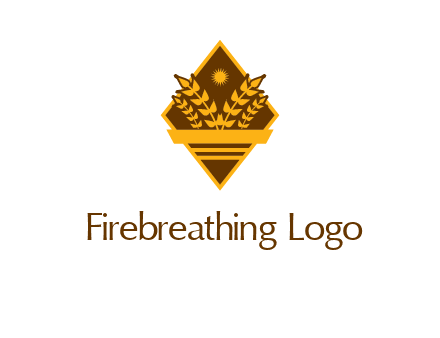 wheat stalks and sun in rhombus with ribbon agriculture logo