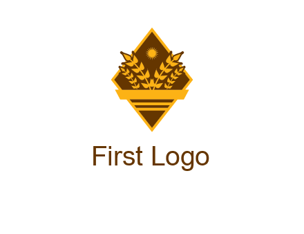 wheat stalks and sun in rhombus with ribbon agriculture logo