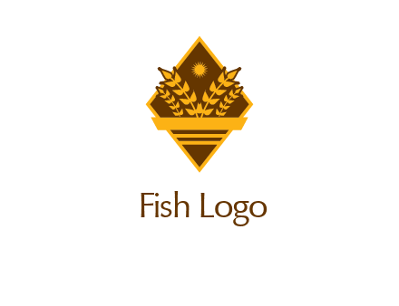 wheat stalks and sun in rhombus with ribbon agriculture logo
