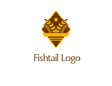 wheat stalks and sun in rhombus with ribbon agriculture logo