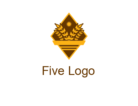wheat stalks and sun in rhombus with ribbon agriculture logo