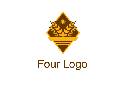 wheat stalks and sun in rhombus with ribbon agriculture logo