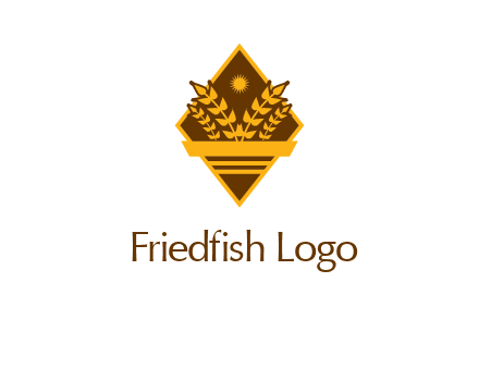 wheat stalks and sun in rhombus with ribbon agriculture logo