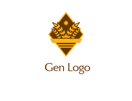 wheat stalks and sun in rhombus with ribbon agriculture logo
