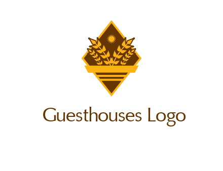 wheat stalks and sun in rhombus with ribbon agriculture logo