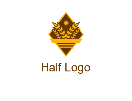 wheat stalks and sun in rhombus with ribbon agriculture logo