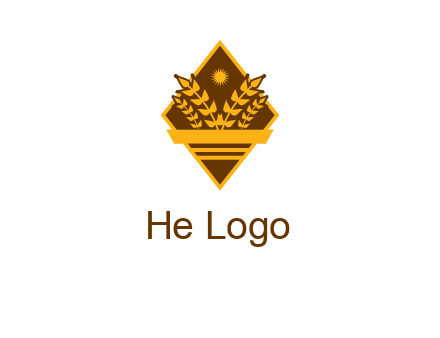 wheat stalks and sun in rhombus with ribbon agriculture logo