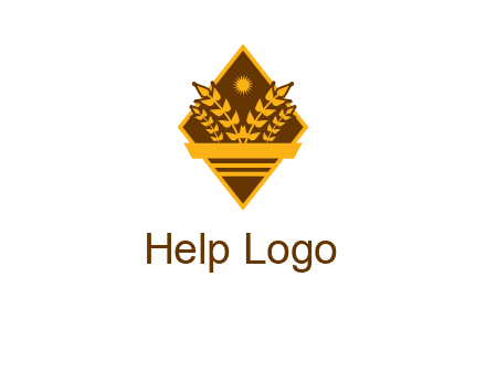 wheat stalks and sun in rhombus with ribbon agriculture logo