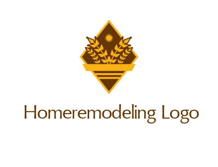 wheat stalks and sun in rhombus with ribbon agriculture logo