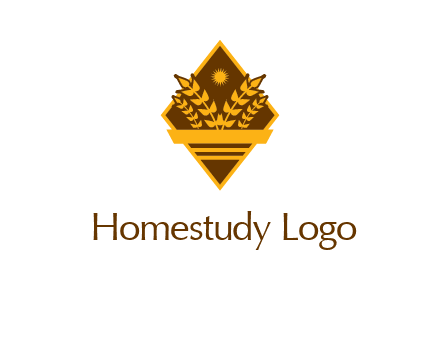 wheat stalks and sun in rhombus with ribbon agriculture logo