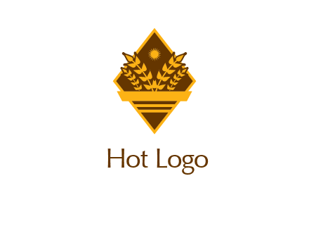 wheat stalks and sun in rhombus with ribbon agriculture logo