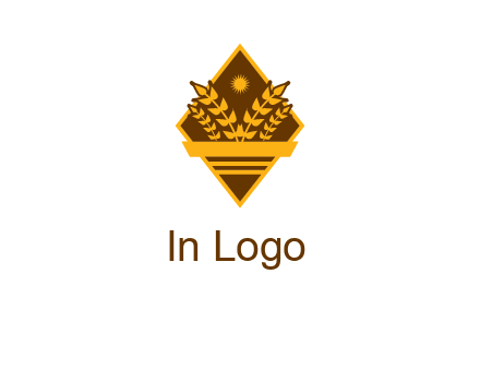 wheat stalks and sun in rhombus with ribbon agriculture logo