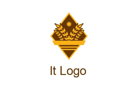wheat stalks and sun in rhombus with ribbon agriculture logo