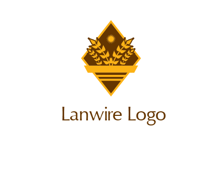 wheat stalks and sun in rhombus with ribbon agriculture logo