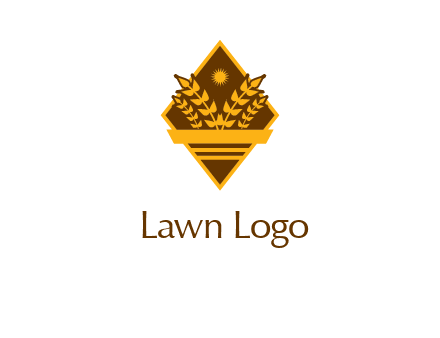 wheat stalks and sun in rhombus with ribbon agriculture logo