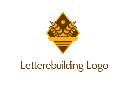 wheat stalks and sun in rhombus with ribbon agriculture logo