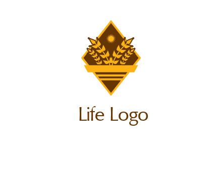 wheat stalks and sun in rhombus with ribbon agriculture logo