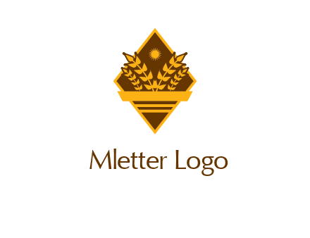 wheat stalks and sun in rhombus with ribbon agriculture logo