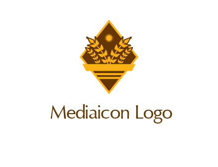 wheat stalks and sun in rhombus with ribbon agriculture logo