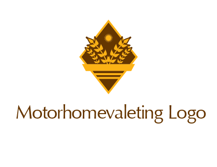 wheat stalks and sun in rhombus with ribbon agriculture logo