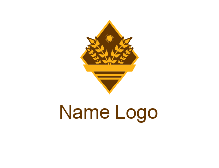 wheat stalks and sun in rhombus with ribbon agriculture logo