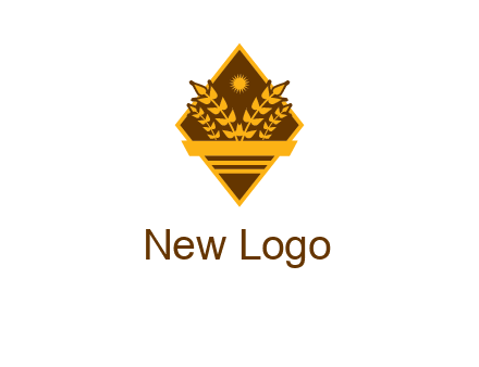 wheat stalks and sun in rhombus with ribbon agriculture logo
