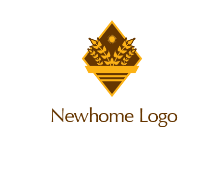 wheat stalks and sun in rhombus with ribbon agriculture logo