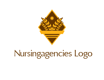 wheat stalks and sun in rhombus with ribbon agriculture logo