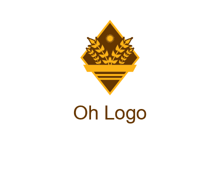 wheat stalks and sun in rhombus with ribbon agriculture logo