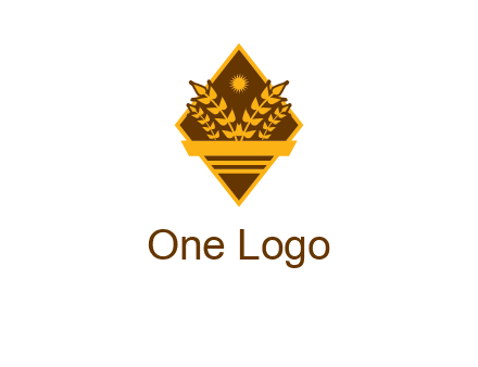 wheat stalks and sun in rhombus with ribbon agriculture logo