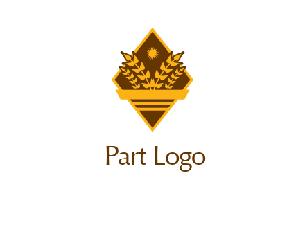 wheat stalks and sun in rhombus with ribbon agriculture logo