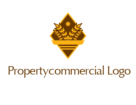 wheat stalks and sun in rhombus with ribbon agriculture logo