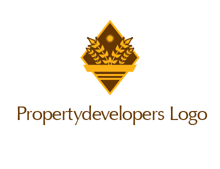 wheat stalks and sun in rhombus with ribbon agriculture logo