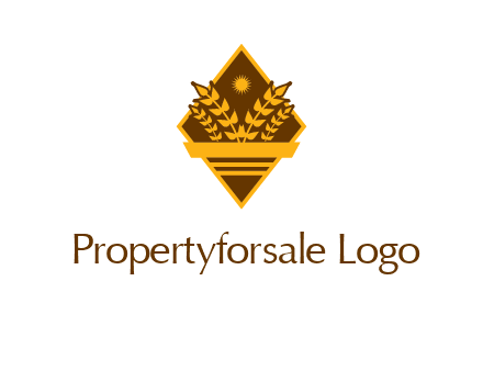 wheat stalks and sun in rhombus with ribbon agriculture logo