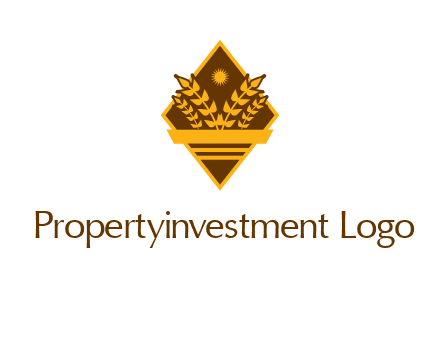 wheat stalks and sun in rhombus with ribbon agriculture logo