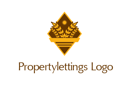 wheat stalks and sun in rhombus with ribbon agriculture logo