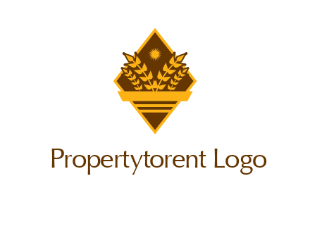 wheat stalks and sun in rhombus with ribbon agriculture logo