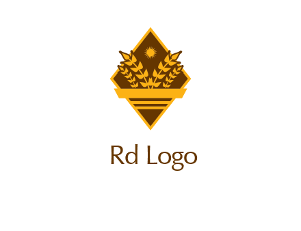 wheat stalks and sun in rhombus with ribbon agriculture logo