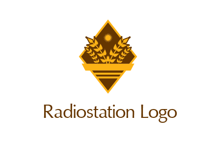 wheat stalks and sun in rhombus with ribbon agriculture logo