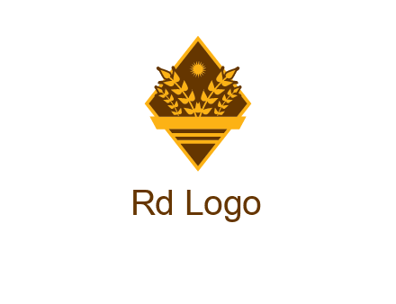 wheat stalks and sun in rhombus with ribbon agriculture logo
