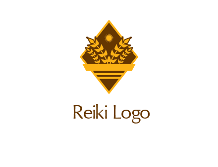wheat stalks and sun in rhombus with ribbon agriculture logo