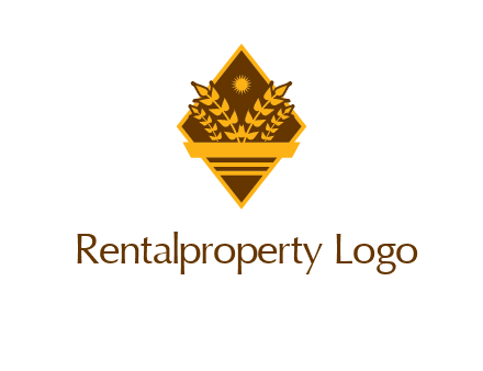 wheat stalks and sun in rhombus with ribbon agriculture logo