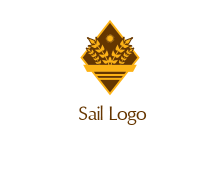 wheat stalks and sun in rhombus with ribbon agriculture logo