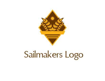 wheat stalks and sun in rhombus with ribbon agriculture logo