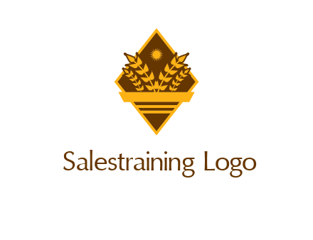 wheat stalks and sun in rhombus with ribbon agriculture logo