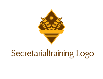 wheat stalks and sun in rhombus with ribbon agriculture logo